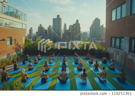 Serene rooftop yoga session with city skyline view in the golden hour 119251361
