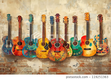 Colorful acoustic guitars arranged artistically against a rustic wall 119251363