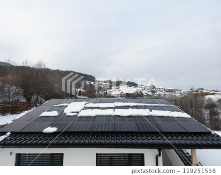 Roof solar panels with snow on top of them. Solar energy in winter. Roof solar panels with snow on top of them. Solar energy in winter. 119251538