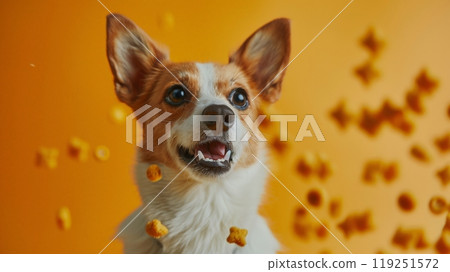 A happy dog showcases a beaming smile while sitting with excitement as colorful treats scatter around, creating a cheerful atmosphere full of joy 119251572