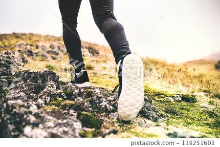 Close up of runner's legs, feet with running shoes durig off-road jog in nature on dirt running trail. Close up of runner's legs, feet with running shoes durig off-road jog in nature on dirt running trail. 119251601