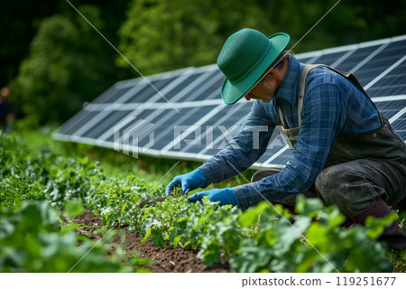 A dedicated farmer plants seeds in a vibrant field bordered by solar panels during a sunny afternoon A dedicated farmer plants seeds in a vibrant field bordered by solar panels during a sunny afternoon 119251677