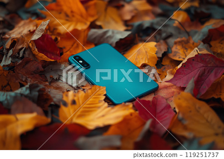 A transformative teal smartphone nestled among vibrant autumn leaves creating a striking autumnal contrast in nature during golden hour 119251737