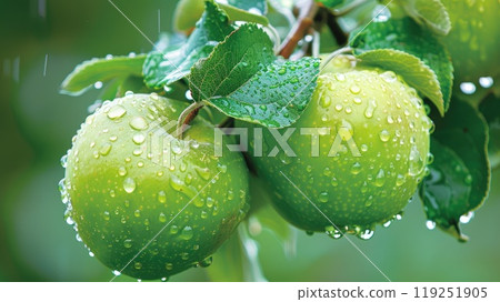 Green apples after rain. Generative AI 119251905