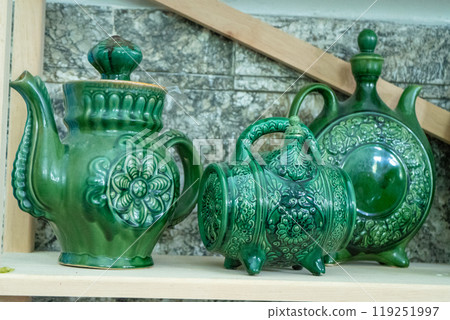 Various decanters for wine and drinks. Ukrainian clay ceramics. Green tableware. Jug 119251997