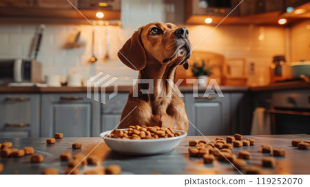 A curious dog sits eagerly at a kitchen table, watching dog food floating down toward its bowl, surrounded by scattered kibble and warm lighting A curious dog sits eagerly at a kitchen table, watching dog food floating down toward its bowl, surrounded by scattered kibble and warm lighting 119252070