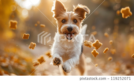 A cheerful dog leaps in mid-air, excitedly attempting to catch pieces of dog food that scatter around during a bright autumn day. The atmosphere is vibrant and lively 119252071