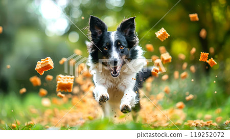 A lively Border Collie runs energetically through a sunlit green field, leaping to catch treats that scatter all around. Its excitement captivates the joyful moment 119252072