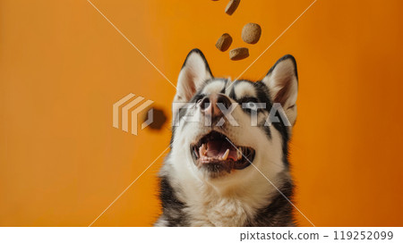 A cheerful husky sits under an orange background, eagerly trying to catch flying treats with a big smile. Its playful nature is on full display A cheerful husky sits under an orange background, eagerly trying to catch flying treats with a big smile. Its playful nature is on full display 119252099