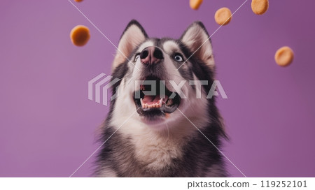 A cheerful malamute sits eagerly with its mouth open, ready to catch flying treats in a bright purple setting. Its exuberance captures pure joy and playfulness 119252101