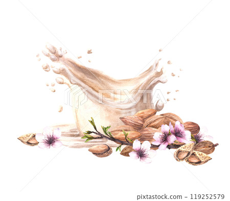 Almond milk drink and milky splashes with almond tree branch, leaves and flowers. Watercolor hand drawn illustration. Yogurt, cream plant based soy vegan product label. Clipart on isolated background Almond milk drink and milky splashes with almond tree branch, leaves and flowers. Watercolor hand drawn illustration. Yogurt, cream plant based soy vegan product label. Clipart on isolated background 119252579