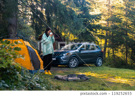 Camping by the Fire in a Serene Forest 119252655