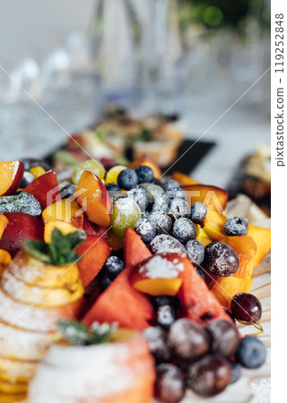 Wedding party. Buffet table with vegetables and fruits. 119252848