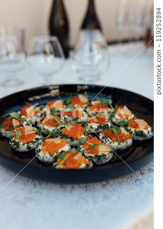 Wedding party. Buffet table with vegetables and fruits. Wedding party. Buffet table with vegetables and fruits. 119252894