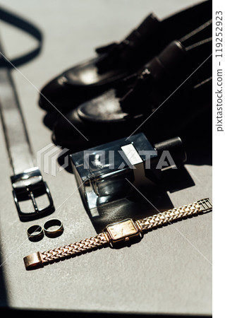 Groom's accessories for a wedding. Smoke adds authenticity to a photo 119252923