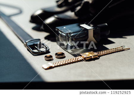 Groom's accessories for a wedding. Smoke adds authenticity to a photo 119252925