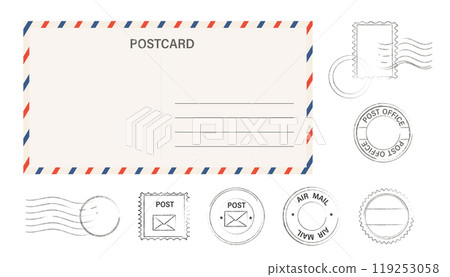 Airmail blank postcard template retro border envelope with stripes stamps set. Paper texture, vintage mail. Air post letter. Blank envelope 119253058