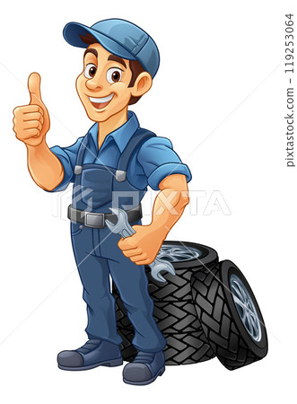 Tyre Tire Car Service Mechanic Mascot Cartoon Man 119253064