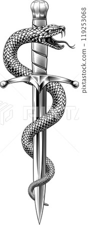 Dagger Knife Snake Vintage Woodcut Tattoo Style Dagger Knife Snake Vintage Woodcut Tattoo Style 119253068