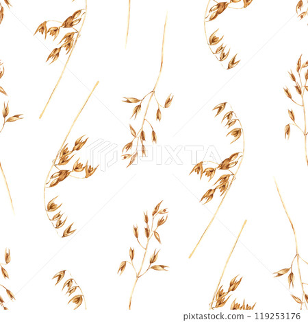 Watercolor dynamic seamless pattern with oat plants, edible starchy grains, domesticated cereal grass. Hand drawn illustration isolated on white background for wrapping wallpaper fabric textile 119253176