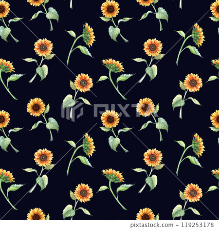 Watercolor seamless pattern with yellow vibrant sunflower branches. Hand drawn repeat pattern for wrapping wallpaper fabric textile Watercolor seamless pattern with yellow vibrant sunflower branches. Hand drawn repeat pattern for wrapping wallpaper fabric textile 119253178