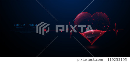 Abstract heart and ECG line on dark background with glowing red dots 119253195