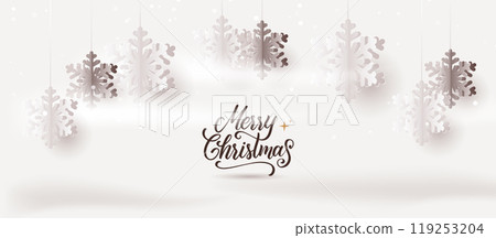 Elegant Merry Christmas greeting card with hanging snowflakes on light background 119253204