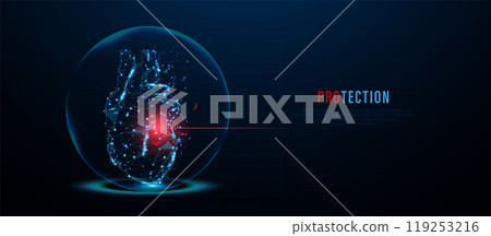 Abstract digital heart with glowing red pulse in protective shield 119253216
