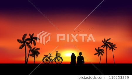 A silhouette of a couple sitting on a beach, watching the sunset. A bicycle is parked next to them. Palm trees line the beach, and the sky is a gradient of orange A silhouette of a couple sitting on a beach, watching the sunset. A bicycle is parked next to them. Palm trees line the beach, and the sky is a gradient of orange 119253259