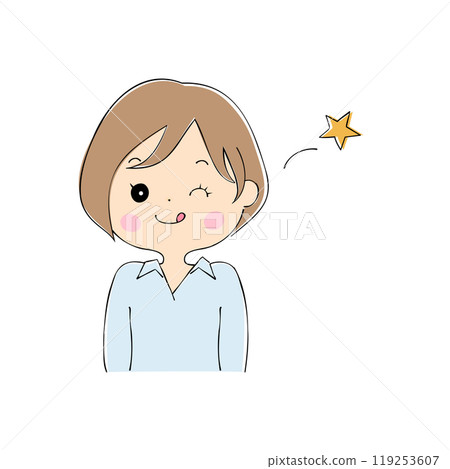 Winking young woman, facial expression variations, skin color, pen drawing style 119253607