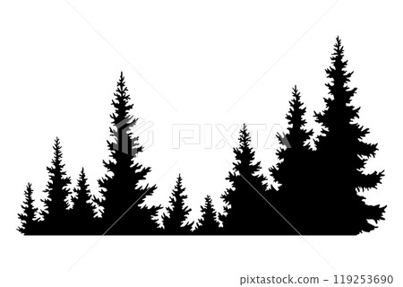 Fir trees silhouette. Coniferous spruce horizontal background pattern, black evergreen woods vector illustration. Beautiful hand drawn panorama of coniferous forest 119253690