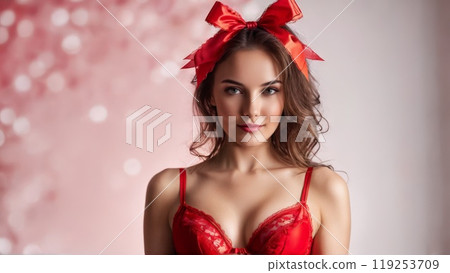 Cheerful woman in red lingerie with playful bows soft studio backdrop happy Cheerful woman in red lingerie with playful bows soft studio backdrop happy 119253709
