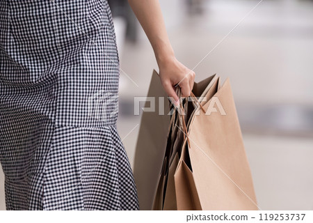 Young Woman Shopping with Paper Bag in Modern Department Store Setting 119253737