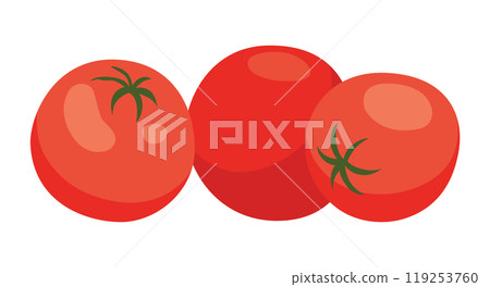 Three ripe tomatoes are lined up neatly against a white background 119253760