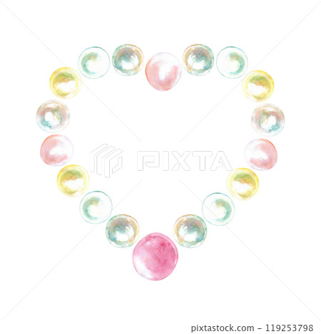 Pearl beads on the neck, bracelet hand-painted in watercolor. Necklace with precious pearls are strung in heart shape. Illustration drawn of mother-of-pearl sea pearls from different colors. Can be 119253798