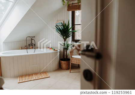 Modern attic bathroom with a bathtub and water toys. Modern attic bathroom with a bathtub and water toys. 119253961