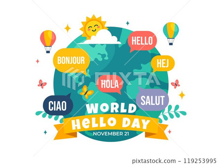 World Hello Day Vector Illustration on November 21 with Speech Bubbles Displaying Greetings in Multiple Languages from Around the in a Background 119253995