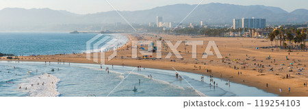 Venice Beach in Los Angeles features a bustling shoreline with people, palm trees, and the distant Santa Monica Pier, set against mountain backdrops. 119254103