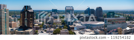 Aerial view of Sacramento, California, featuring modern and historic architecture, the Sacramento River, and vibrant greenery on a clear day. Aerial view of Sacramento, California, featuring modern and historic architecture, the Sacramento River, and vibrant greenery on a clear day. 119254182
