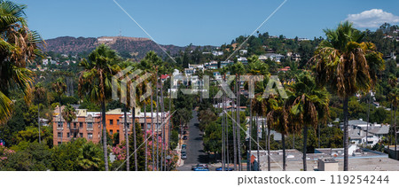 The image features the Hollywood Sign in Los Angeles, with palm lined streets and residential buildings, under a clear blue sky and lush greenery. 119254244