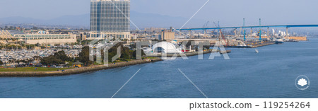 San Diego's skyline features the Convention Center, marina, and Coronado Bridge. A modern skyscraper and distant mountains complete the urban scene. San Diego's skyline features the Convention Center, marina, and Coronado Bridge. A modern skyscraper and distant mountains complete the urban scene. 119254264