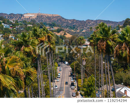 View of the Hollywood district in Los Angeles, featuring the Hollywood Sign on the hills, tall palm trees lining a busy street, and a clear blue sky. 119254294