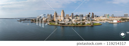 San Diego's skyline features high rise buildings like the Marriott Marquis and Manchester Grand Hyatt. The marina and Embarcadero Marina Park are visible. San Diego's skyline features high rise buildings like the Marriott Marquis and Manchester Grand Hyatt. The marina and Embarcadero Marina Park are visible. 119254317