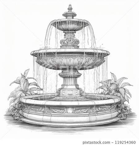 Ornate fountain sketch with flowing water and surrounding plants, white isolate background. 119254360