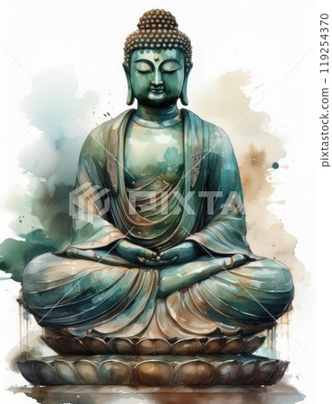 Serene Buddha statue in tranquil pose, artistic watercolor effect. 119254370