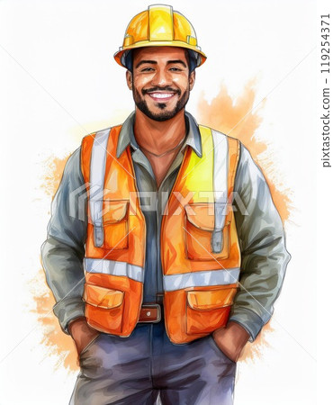 Smiling construction worker in safety gear, standing confidently, white isolate background. 119254371