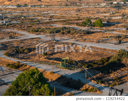 The image shows a vast desert landscape in California with numerous oil rigs and pumpjacks. Dirt roads connect the rigs, with sparse vegetation visible. 119254422
