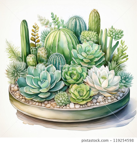Collection of vibrant succulents and cacti in a decorative pot, white isolated background. Collection of vibrant succulents and cacti in a decorative pot, white isolated background. 119254598