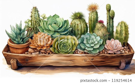 Colorful succulent and cactus arrangement in a wooden planter. 119254614