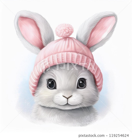 Cute rabbit wearing a pink knitted hat, white isolate background. Cute rabbit wearing a pink knitted hat, white isolate background. 119254624